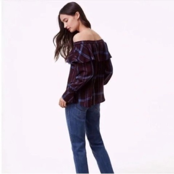 Ann Taylor LOFT Burgundy/Blue Plaid Off-Shoulder Blouse Sz Large - Picture 3 of 12